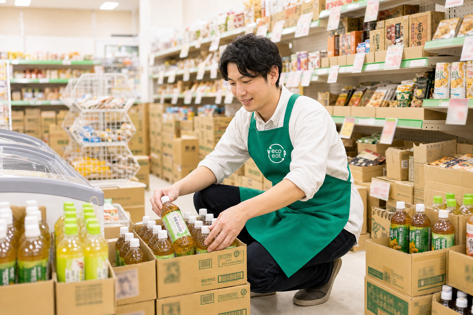 神戸水道筋商店街にて食品ロス削減ショップのオープニング店長の職場の様子 3